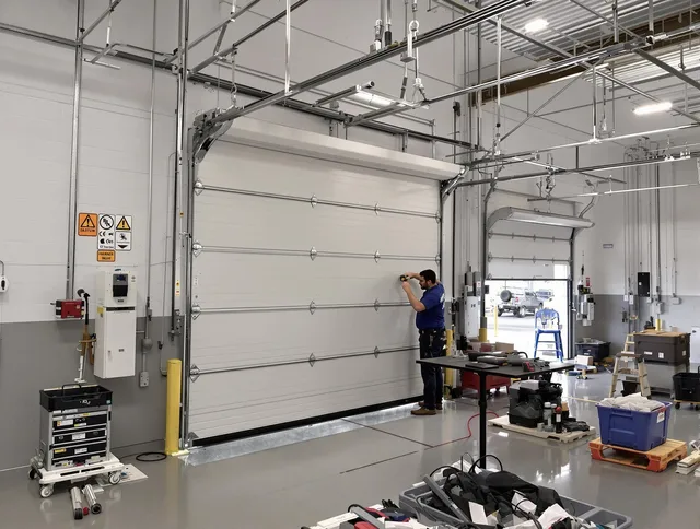 Commercial garage door repair being performed by Walnut Garage Door Repair expert in Walnut