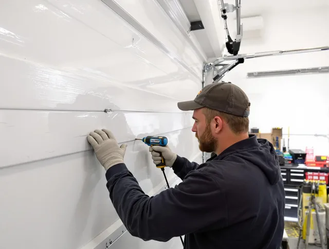 Walnut Garage Door Repair technician demonstrating precision dent removal techniques on a Walnut garage door