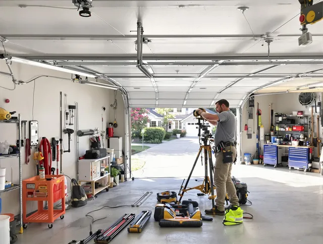 Walnut Garage Door Repair specialist performing laser-guided track alignment in Walnut
